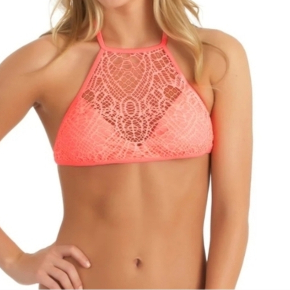 Hurley Other - 💚5/$25 NWT Hurley Webbed Crop Top Neon Pink Coral Lace Halter Bikini Top